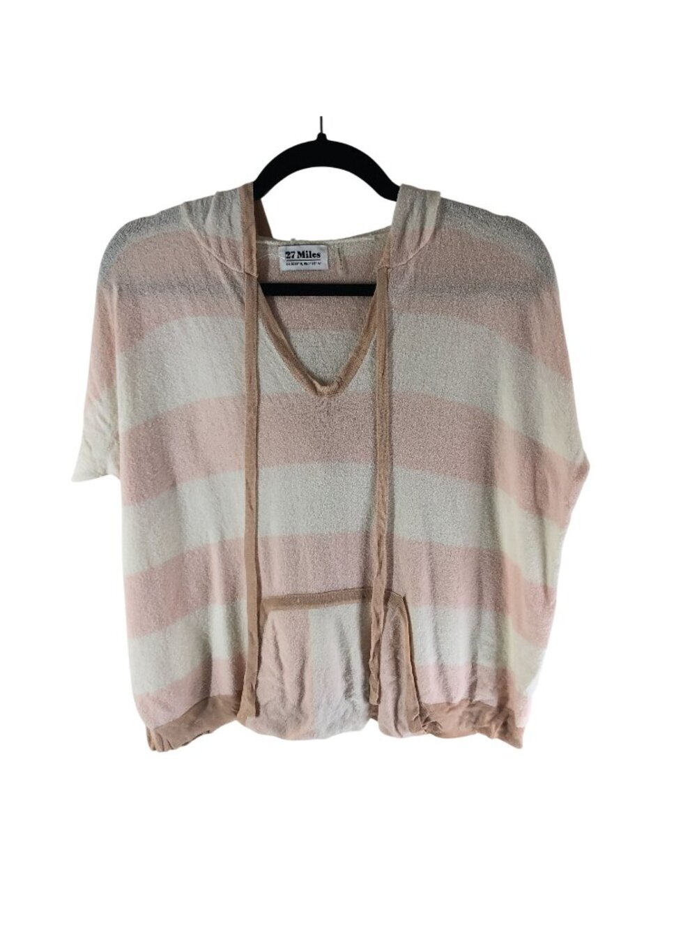 27 Miles Striped Hooded Pullover Top XS Pink & White Cotton Blend Boxy
